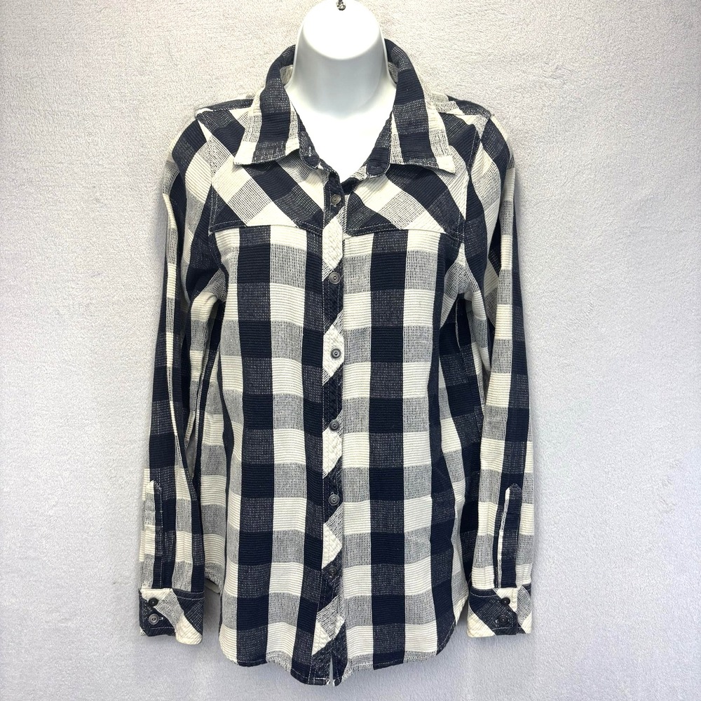 BKE Plaid Oversized Button-Up Western Shirt Top Womens Small Blue White Cotton